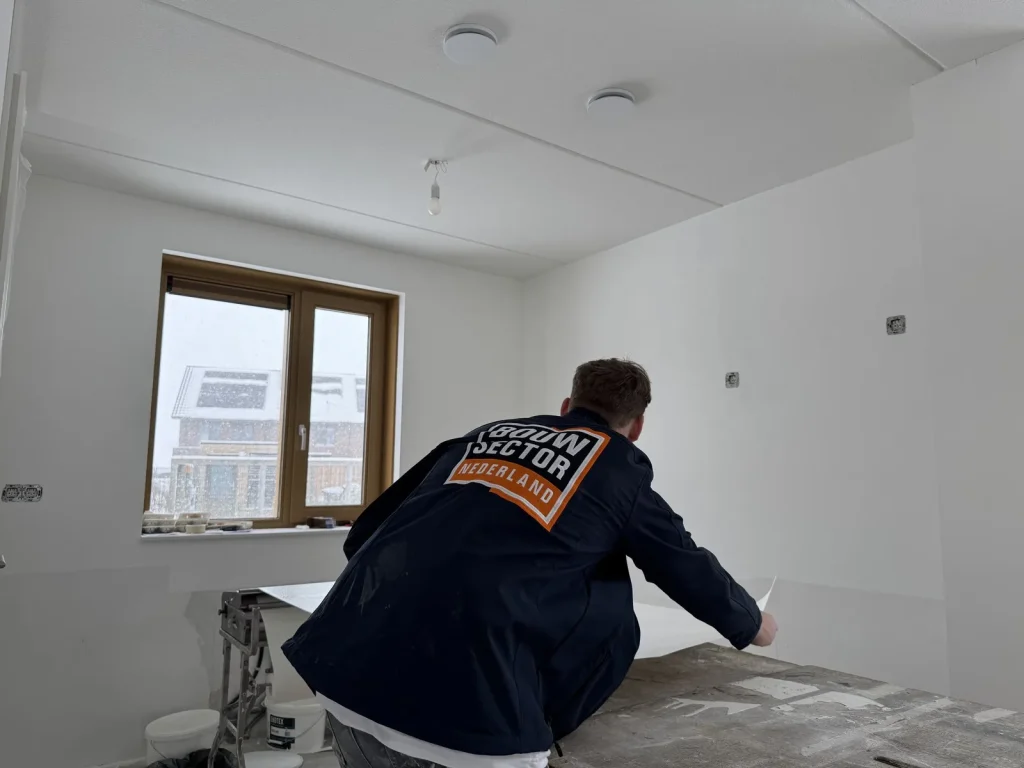 Behanger van Bouwsector Nederland pakt een baan vlies van de plaktafel in een nieuwe, lege kamer
